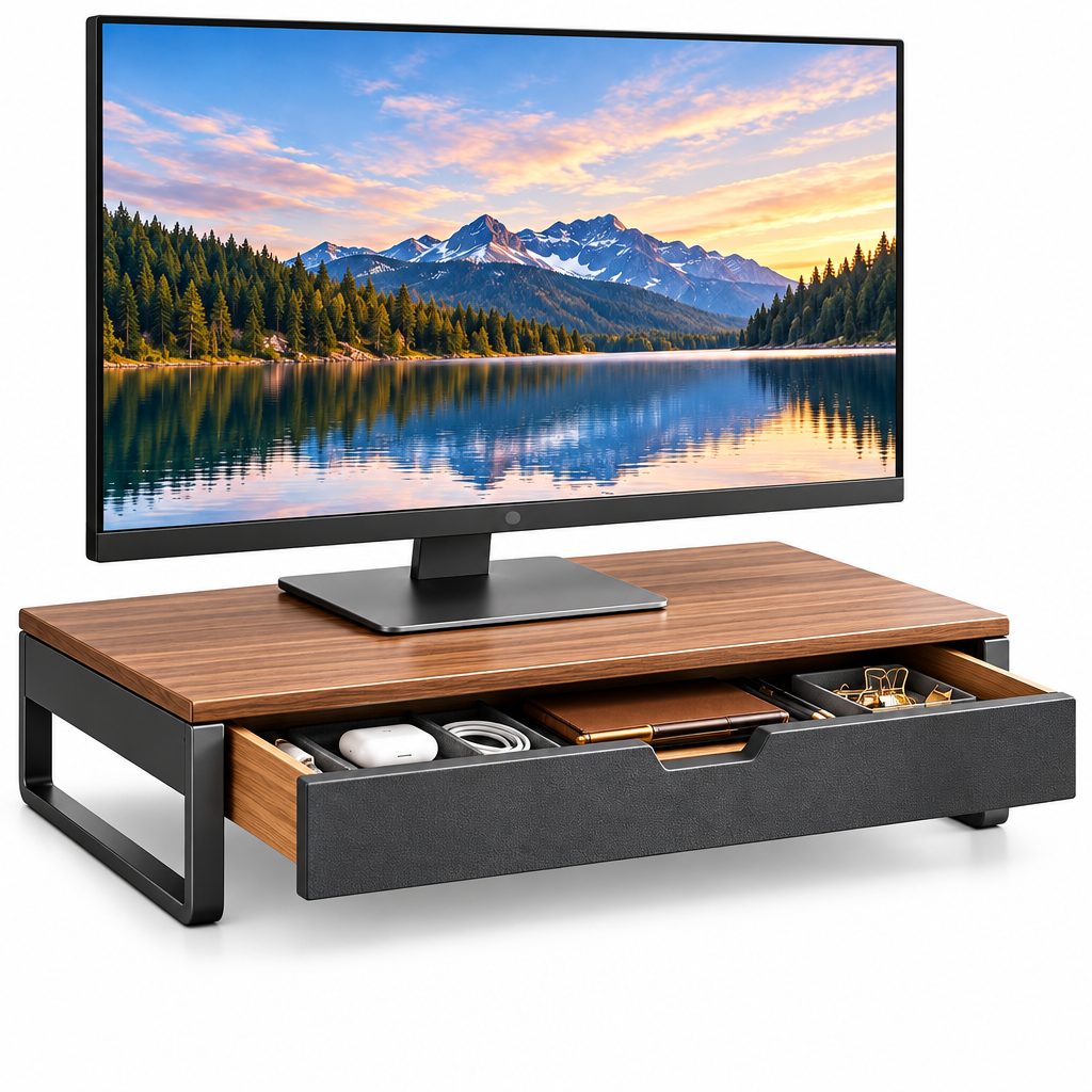 Monitor Stand with Storage Drawer - White background